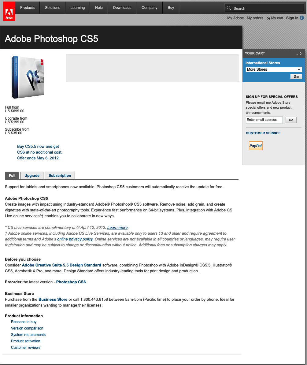 Old version of Photoshop on Adobe Store in 2012