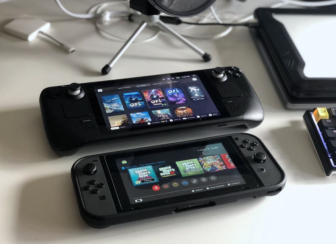 Steam Deck next to a Nintendo Switch