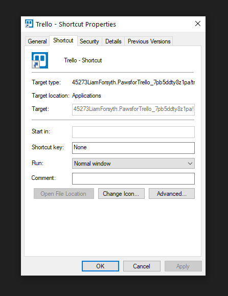 Shortcut properties in Windows Explorer