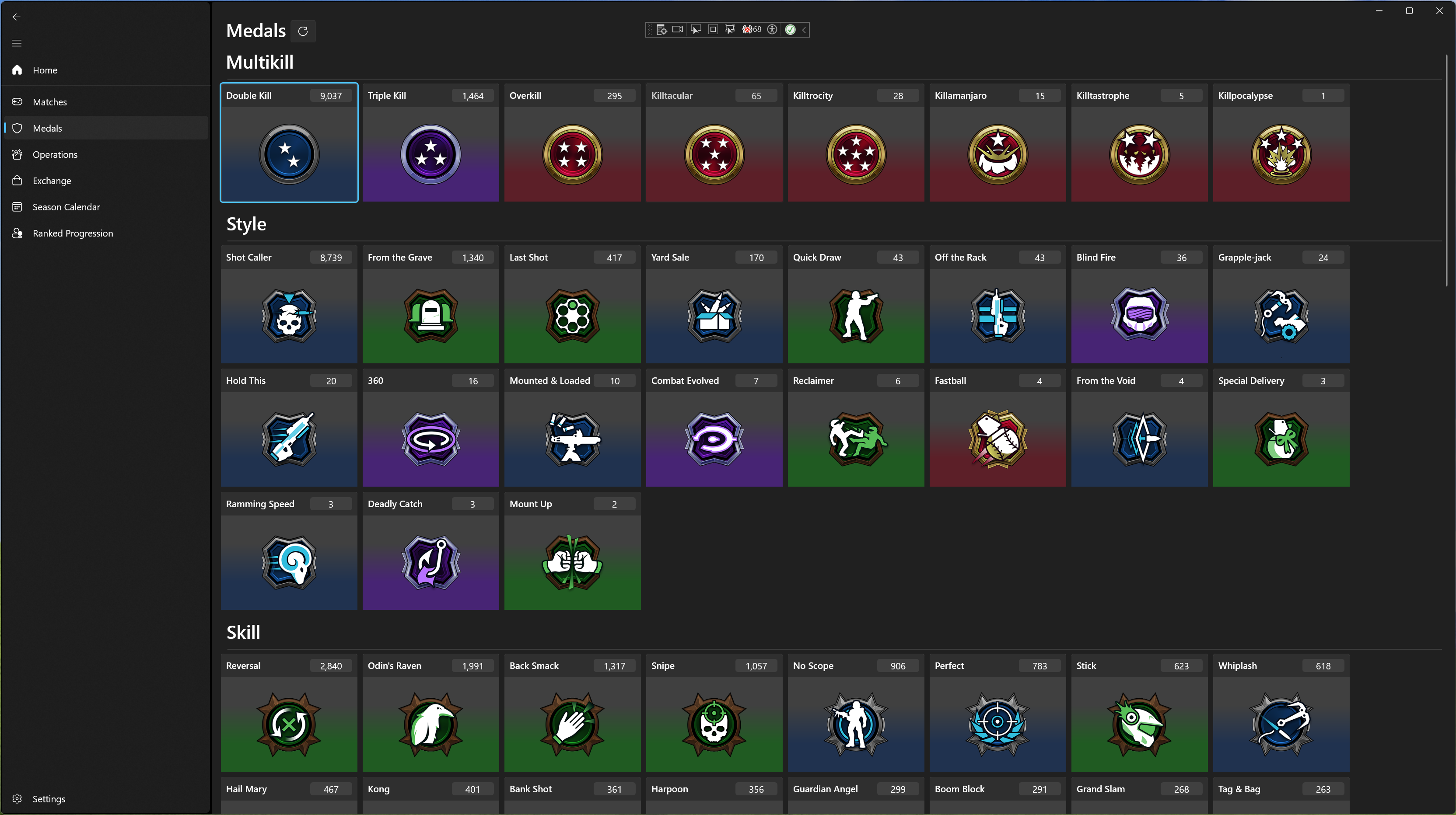 Medals, as seen in OpenSpartan Workshop, earned through the player lifetime