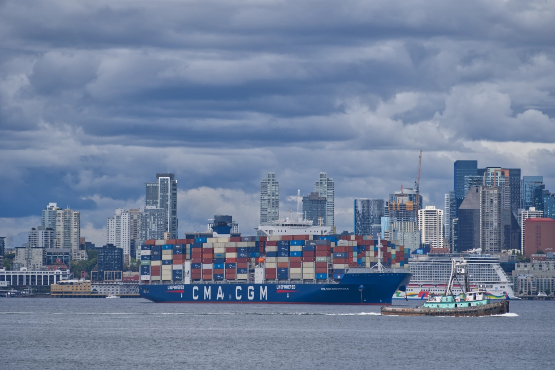 A cargo ship at anchor, waiting to dock at Port of Seattle.