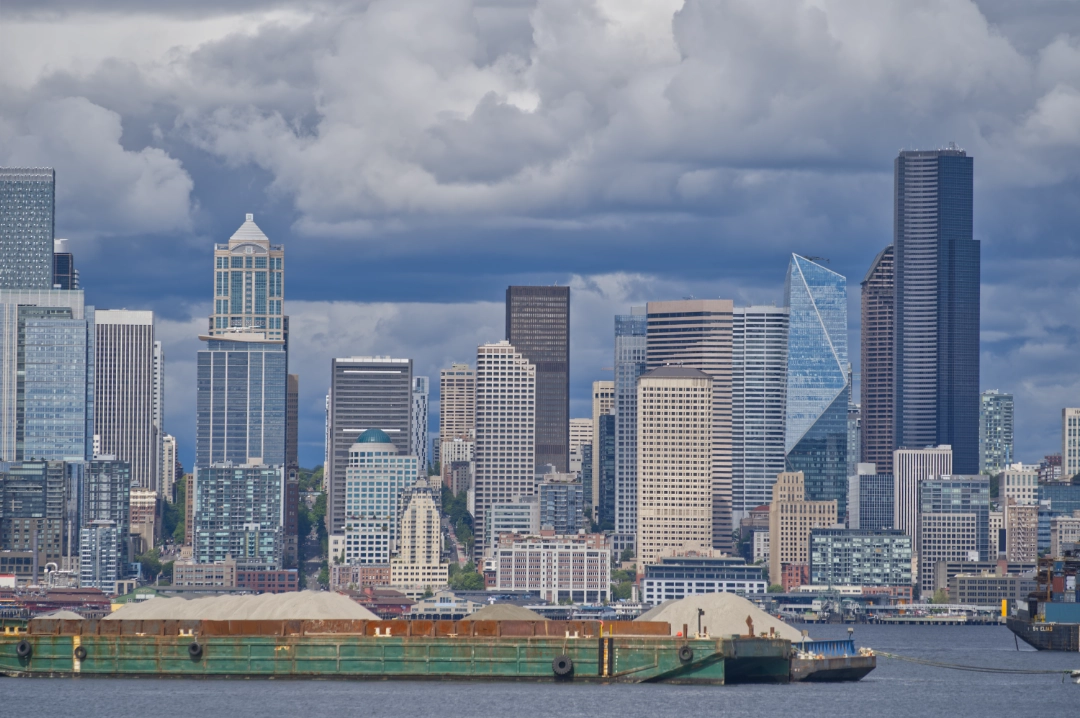 Close-up of Seattle from Alki Beach.