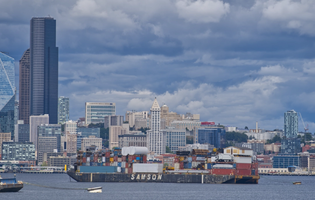 Close-up of Seattle from Alki Beach.