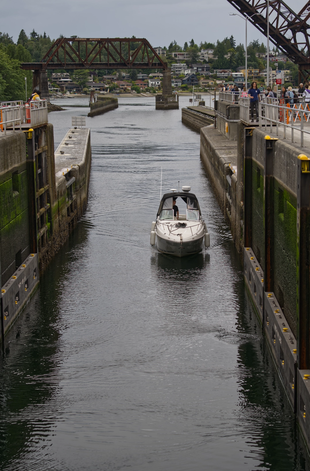 A boat waiting to pass through the Ballard Locks.