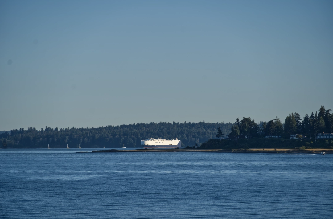 A car carrier, docked off the coast of Bainbridge Island.