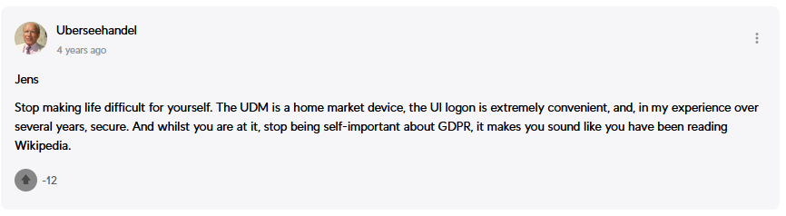 A UniFi user justifying the requirement for cloud-based account access.