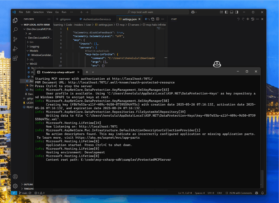Authorization with Entra ID against a protected MCP server in Visual Studio Code Insiders.