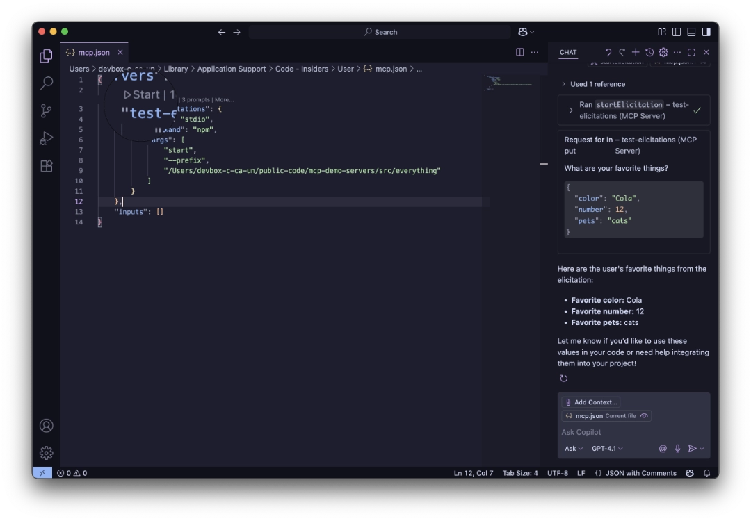 Starting a STDIO MCP server in Visual Studio Code Insiders.
