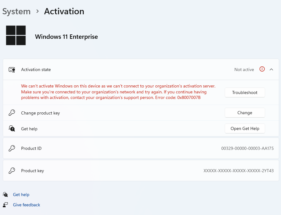 Windows activation error shown in the native Windows Settings app