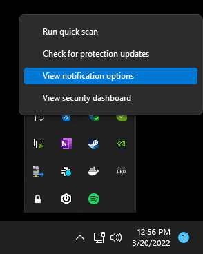 Context menu for Windows Security Center in the tray