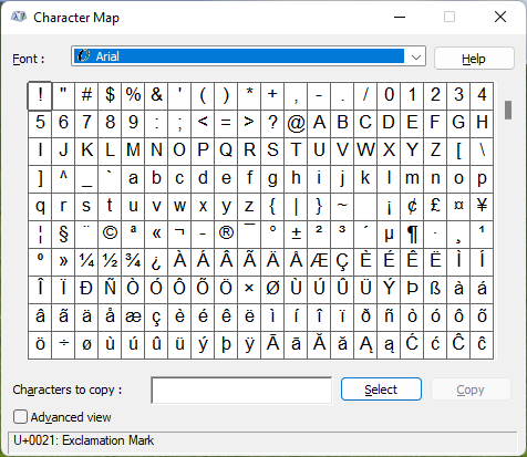 Screenshot of the charmap utility on Windows