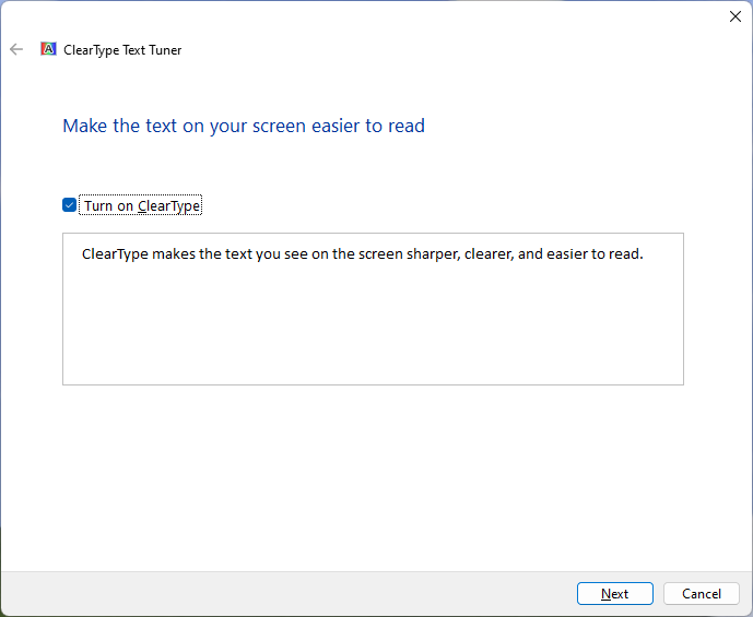 Screenshot of the ClearType tuning settings on Windows
