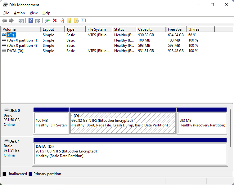Screenshot of the Disk Management view on Windows