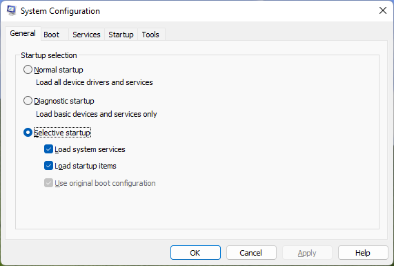 Screenshot of the msconfig utility on Windows