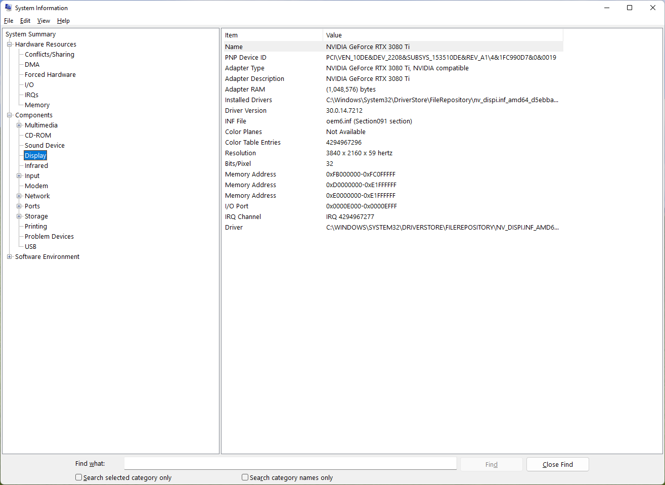 Screenshot of the msinfo32 utility on Windows