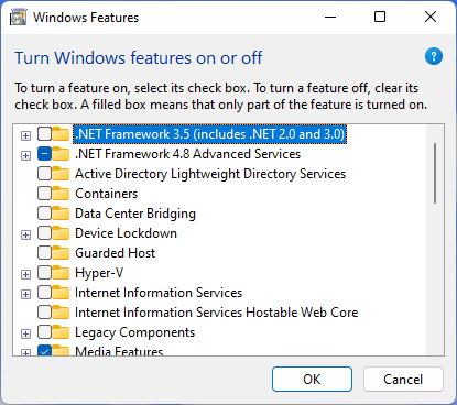 Screenshot of the optionalfeatures utility on Windows