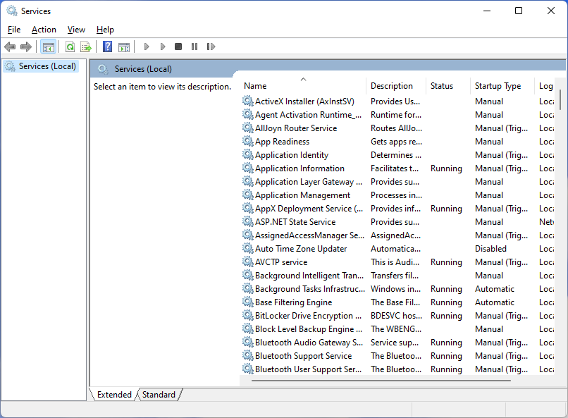 Screenshot of the service viewing utility on Windows