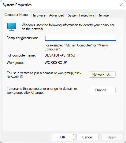 Screenshot of the System Properties utility on Windows