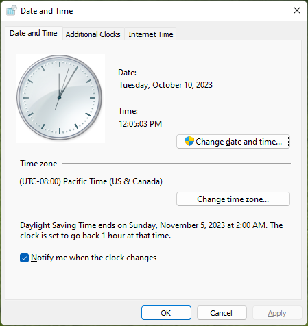 Screenshot of the timedate.cpl utility on Windows