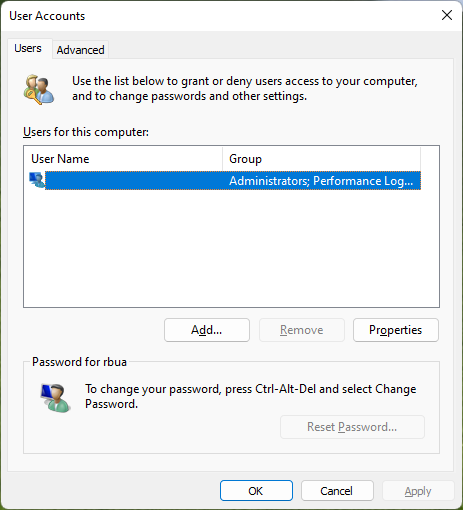 Screenshot of the user account manager utility on Windows