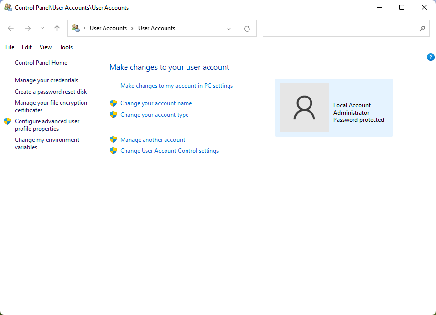 Screenshot of the user account manager Control Panel applet on Windows
