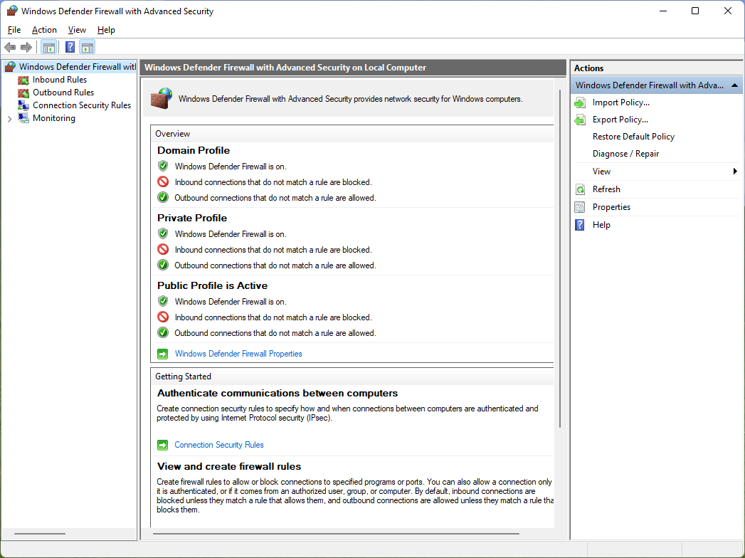 Screenshot of the Windows Firewall configuration view on Windows